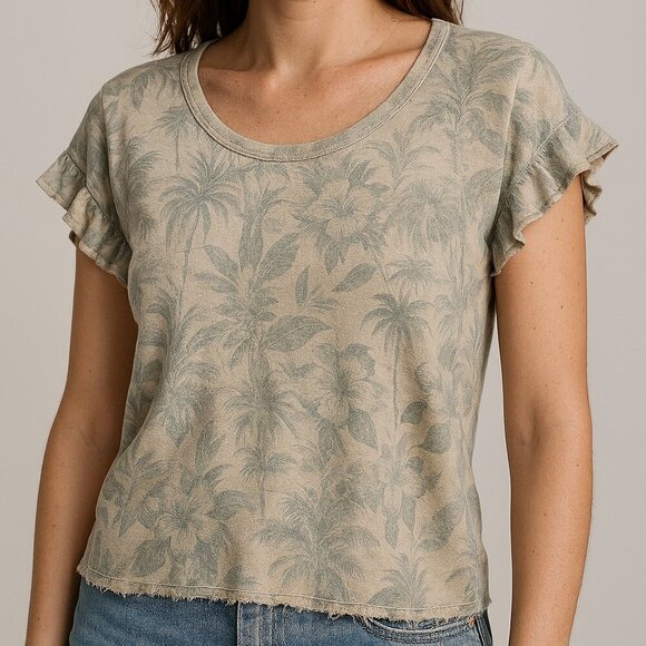 Chaser Women's Small Flutter Sleeve Raw Edge Palm Tree Terrycloth Sweatsirt Top - Picture 6 of 6